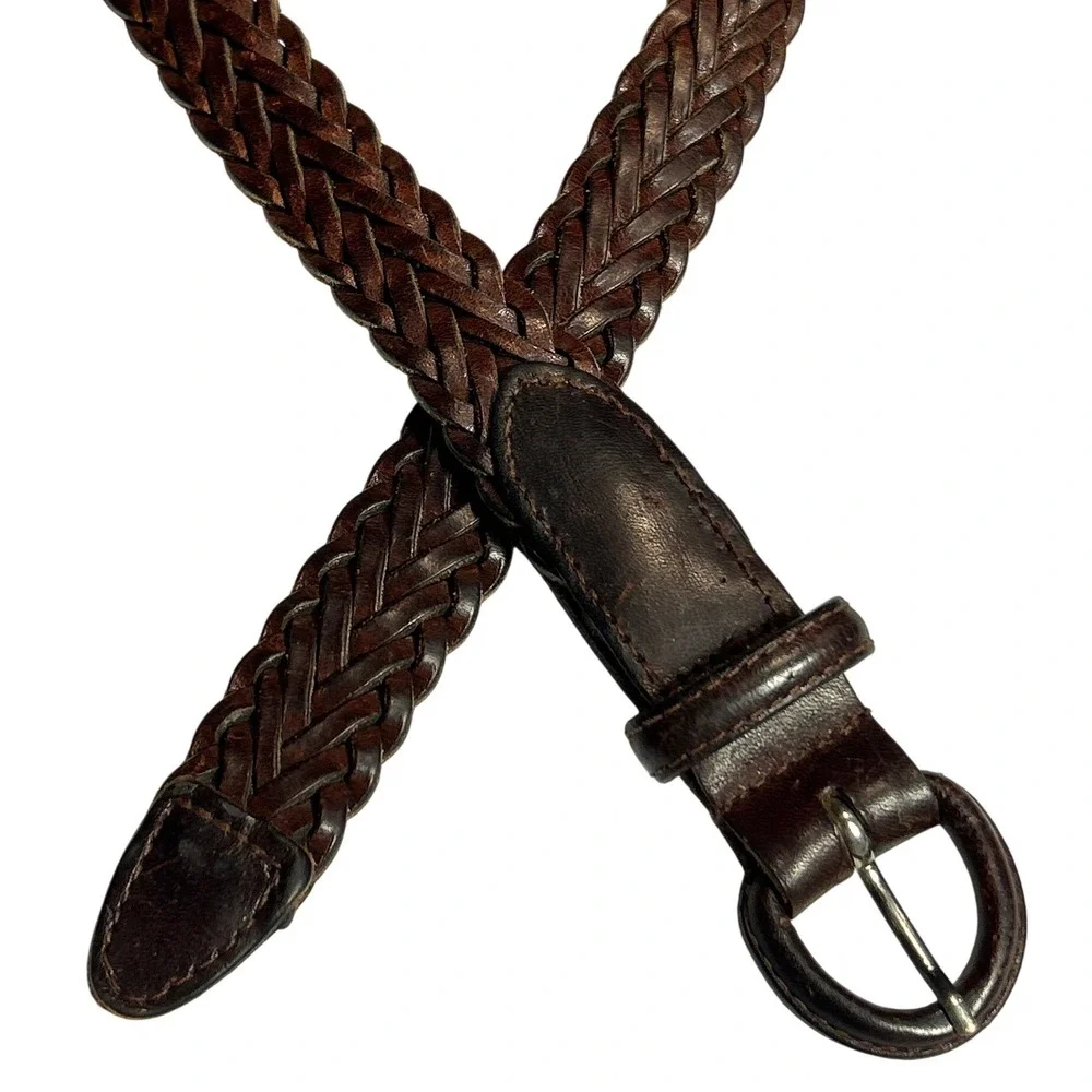 Woven Leather‎ Covered Buckle Braided Belt Brown Size 36 (Fits up to 42